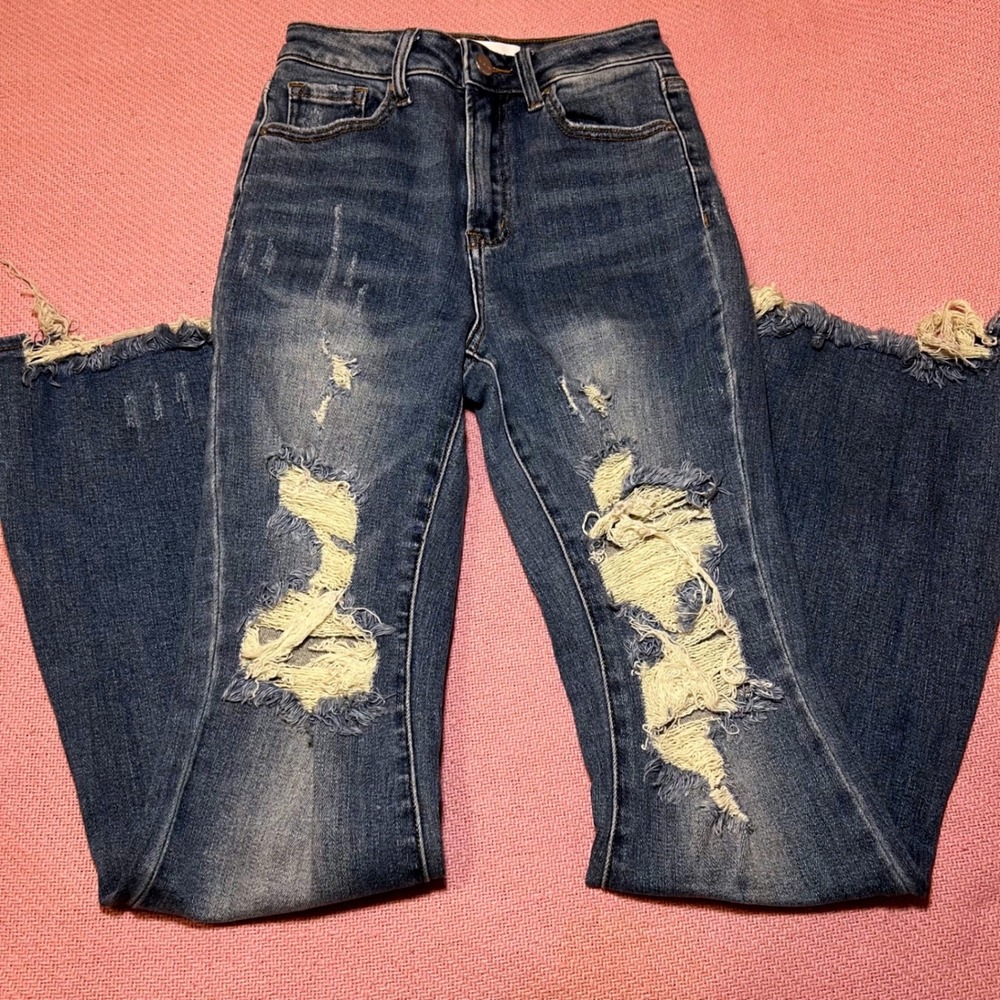 Risen Jeans High Waist Distressed Flare Jeans Medium Wash Size 1 25